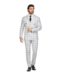 Мужской серый клетчатый двубортный костюм 2 предмета Slim Fit Gino Vitale, белый