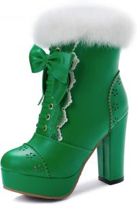 Женская мода Толстые каблуки Платформа Теплые меховые ботильоны на молнии Сладкий бантик Лолита Короткие ботинки LYYSKY, Green