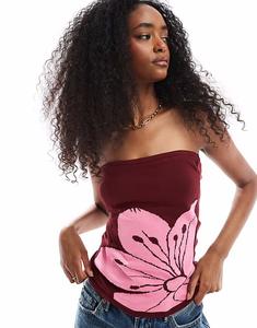 Вязаный топ-бандо ASOS DESIGN с крупным цветком розового цвета