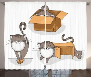 Штора ABAKUHAUS в деревенском стиле с рисунком котенка в коробке, присборенная штора для спальни с петлями и крючками, 280 x 225 см, песочно-коричневый теплый серо-коричневый Abakuhaus