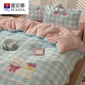 FUANNA Комплект постельного белья 4 предмета, размер 200x230 см, вес 2 кг, молочный бархат высокой плотности, 3D вышивка, быстрый нагрев, цвет Shy Little Lamb