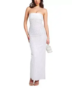 Длинное вечернее платье Lainey из атласа, расшитое пайетками и бисером. Miss Circle, белый