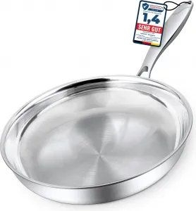 Сковорода из нержавеющей стали Morleos 32 см без покрытия | 5 слоев - 3 мм - 1,67 кг | для индукции | подходит для посудомоечной машины и духовки до 400°C | профессиональное качество