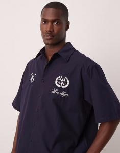 Рубашка свободного кроя ASOS DESIGN в полоску с вышивкой темно-синего цвета