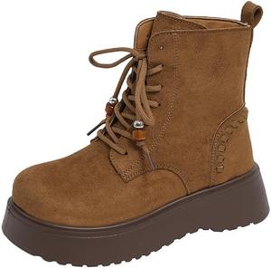 AZAGNEEM Женские замшевые ботильоны на толстом каблуке с бусинами, комфортный круглый носок, шнуровка, подошва против скольжения, платформа, боевые ботиночки, короткие ботинки для повседневной осени и зимы