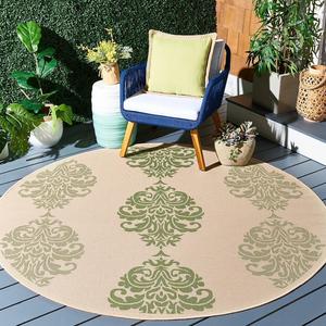 Ковер SAFAVIEH, 161 x 161 см, Washable Rug Outdoor Courtyard Collection - круглый, Natural & Olive, без линьки и легкая чистка, идеально для патио, заднего двора, прихожей (CY2720-1E01)