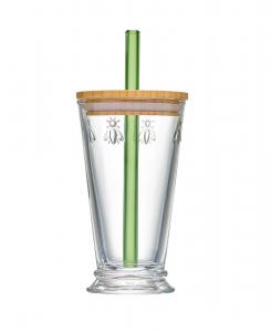 Стакан для чая Napoleon Bee Bubble Tea с деревянной крышкой и трубочкой, 425 мл La Rochère, прозрачный