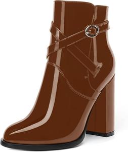 Женские ботильоны SKYSTERRY на высоком каблуке 4 дюйма с круглым носком, для вечеринки, лакированные, на низком подъеме, Brown