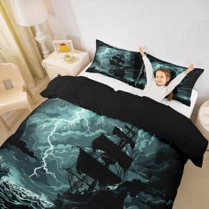 Erosebridal Морской пиратский корабль комплект постельного белья White Lightning Duvet Cover морское приключение океанские волны парусник, Black Green