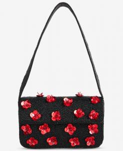 Расшитая вручную бисером сумка через плечо On 34th, Beaded - Black Red Flowers All Over