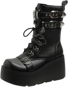 Женские готические панк-бутсы на платформе с массивным клиновидным каблуком, ботильоны с боковой молнией и пряжкой Generic, Black