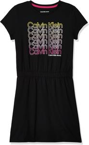 Платье Calvin Klein для девочек с короткими рукавами, логотипом, эластичной резинкой на талии и внутренней отделкой без бирки, Black Stacked
