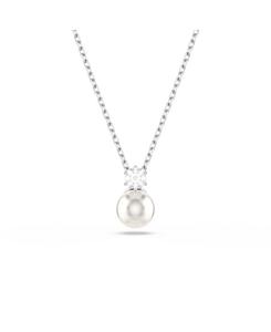 Кулон Матрица, жемчужина с кристаллом, круглая огранка, белый цвет, родированное покрытие, колье Swarovski, Silver