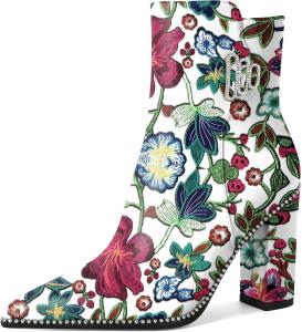 Younton Женские короткие ботильоны с заостренным носком, декорированные бусинами, массивным каблуком 3,7 дюйма и боковой молнией