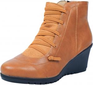 Ботильоны на танкетке для женщин, повседневные с шнуровкой, ботинки до щиколотки с боковой молнией, ретро кожаные ботильоны, удобные короткие ботинки на легком надеваемом каблуке Generic, Brown