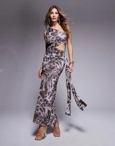 Платье миди ASOS DESIGN из сетки асимметричного кроя на одно плечо с длинными завязками и абстрактным вихревым принтом