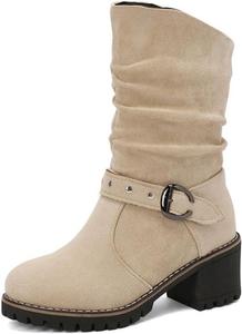 Женские замшевые ботильоны Aflngle на платформе с низким широким каблуком, средней высоты голенища, модные с круглым носком, ремешком и пряжкой, короткие ботинки для езды, Almond