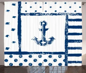 Штора ABAKUHAUS Якорь в деревенском стиле, гранж, тема Морская лодка, универсальная ленточная штора для гостиной с петлями и крючками, 280 x 225 см, темно-синий с белым Abakuhaus