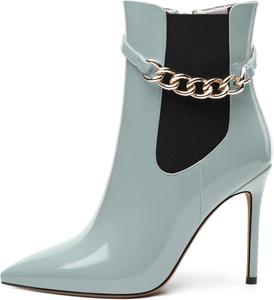 Женские ботильоны, короткие ботинки с высоким каблуком и заостренным носком, боковая молния, модный ремешок с цепочкой RLYGHWAO, Grey Patent