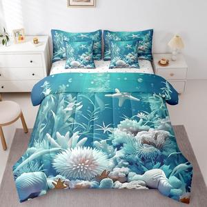 Erosebridal Комплект постельного белья Ocean с морским принтом из звезд и морских обитателей, Blue Green