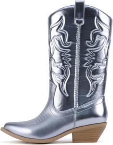 Soda RENO ~ Женские западные ковбойские ботинки с прострочкой, заостренным носком, низким каблуком и средним голенищем, Sky Blue Metallic