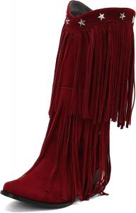 IYZXZYI Женские розовые замшевые сапоги Fringe, высокие сапоги вестерн с кисточками, заостренный носок, модные слипоны