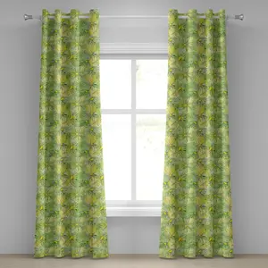 Шторы на люверсах с цветочным рисунком ABAKUHAUS, ностальгическая ветка ромашки на зеленом фоне с кругами, декоративные двухпанельные шторы, 280 см x 175 см, цвет: яблочно-зеленый, желтый, черный Abakuhaus