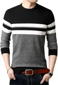 Мужской корейский свитер с круглым вырезом, полоска и пэчворк