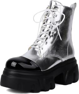 Женские кожаные ботинки на платформе с массивным каблуком, боковой молнией, дышащие, с круглым носком, противоскользящие, на высокой платформе, готические, с шнуровкой, ботильоны для улицы, в стиле панк, для мотоцикла BHDJK, Silver