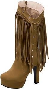 Уникальные женские ботильоны с кисточками на платформе, высокие каблуки, ботинки до щиколотки, средняя голень, боковая молния, круглый носок, модные обувь для вечеринок на зиму Uniquelly, Tan