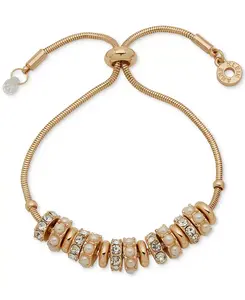 Браслет-Слайдер "рондель" золотистого оттенка с кубическим цирконием и стеклянным кристаллом Anne Klein, pearl
