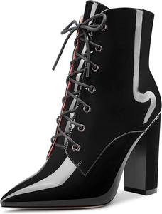 Женские ботильоны Aachcol, короткие ботинки с заостренным носком, на каблуке, на толстом высоком каблуке, лакированные, на шнуровке, 4 дюйма, Black
