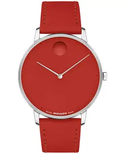 Швейцарские кварцевые часы унисекс с красным кожаным ремешком, 41 мм Movado, red