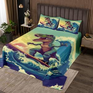 Erosebridal Комплект постельного белья Surfer Dinosaur с принтом динозавров и серфинга в морском стиле, Dark Blue Green