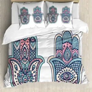 Пододеяльник ABAKUHAUS с хамсой, Boho Evil Eye Lotus, с защитой от клещей, подходит для аллергиков, с наволочками, 200 см x 200 см - 80 x 80 см, розово-голубой