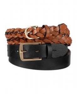Женский комплект из двух предметов: тонкий плетеный пояс и ремень с пряжкой Calvin Klein, Black/Cognac