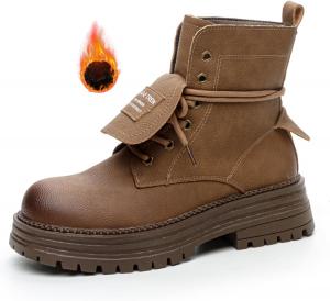 Женские ботинки на платформе из искусственной кожи с массивным каблуком, ручная работа, комфортные, с круглым носком, шнуровкой, подошвой с протектором, с меховой подкладкой, увеличивающие рост, ботинки до щиколотки EGGDK, Brown Velvet