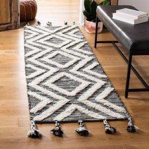 Ковер-дорожка SAFAVIEH, 69 x 244 см, Kenya Collection, Black & Ivory, ручной работы марокканский с кистями из шерсти, идеально для помещений с высокой проходимостью в гостиной, спальне (KNY331Z)