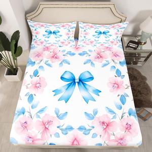 Erosebridal Комплект постельного белья Blue Bowknot с розовым цветочным принтом и бантиками для девочек, Blue and Pink