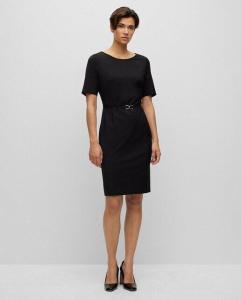 Платье облегающего кроя из натуральной шерсти с поясом Boss, черный