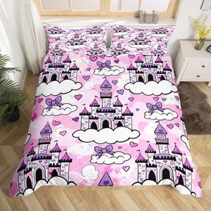 Erosebridal Комплект постельного белья для девочек Purple Castle с принтом замка и сердечек, Purple White