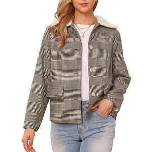 Пиджак в клетку Houndstooth с воротником Peter Pan, длинным рукавом и застежкой на пуговицы Inspire Chic