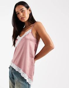 Длинный атласный топ Miss Selfridge с кружевным подолом розового цвета