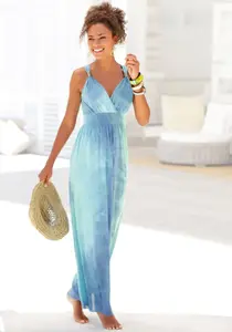 Платье макси LASCANA с принтом батик и регулируемым вырезом, летнее платье, пляжное платье, цвет Blau-Bedruckt