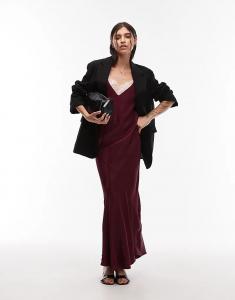 Платье макси с глубоким декольте и отделкой из атласа и кружева ASOS DESIGN сливового цвета