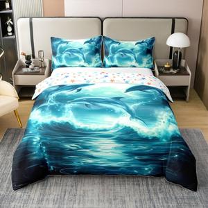 Erosebridal Комплект постельного белья Dolphin Sealife из 100% хлопка с морским принтом в голубых тонах, Blue and White