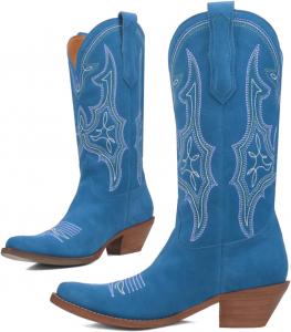 Женские замшевые ковбойские сапоги SHODENSE до середины икры с вышивкой, каблук «ста́к», заостренный носок, стиль вестерн, сапоги до икры, на низком широком каблуке, повседневные винтажные сапоги для ковбойшики, размеры 4-11 M US, Suede Blue