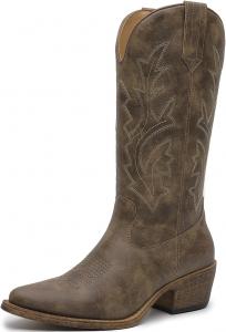 Женские ковбойские сапоги GLOBALWIN до середины икры с флористической вышивкой, боковой молнией и массивным каблуком, 23Yy13 Dark Brown