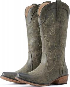 Женские ковбойские сапоги IUV, средней высоты, модные с вышивкой, вестерн с заостренным носком, Olive Green
