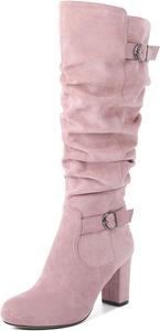 Женские высокие сапоги Zamikoo на толстом каблуке, с расслабленным верхом, до колена, округлый носок, металлическая пряжка, боковая молния, высокий каблук 3,5 дюйма, Suede Pink